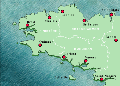 Karte der Bretagne Finistère-Cotes d´Armor-Morbihan
